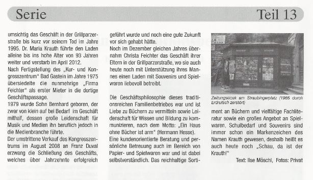 beim Krauth Geschichte - Artikel in Zeitschrift des Gasteiner Kulturkreises Kultur passiert