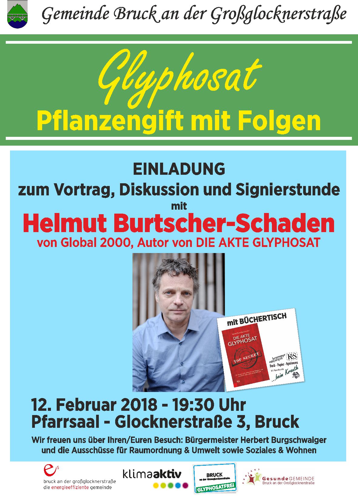 beim Krauth Büchertisch beim 12.2.2018 Vortrag Glyphosat in Bruck an der Glocknerstraße von Helmut Burtscher-Schaden